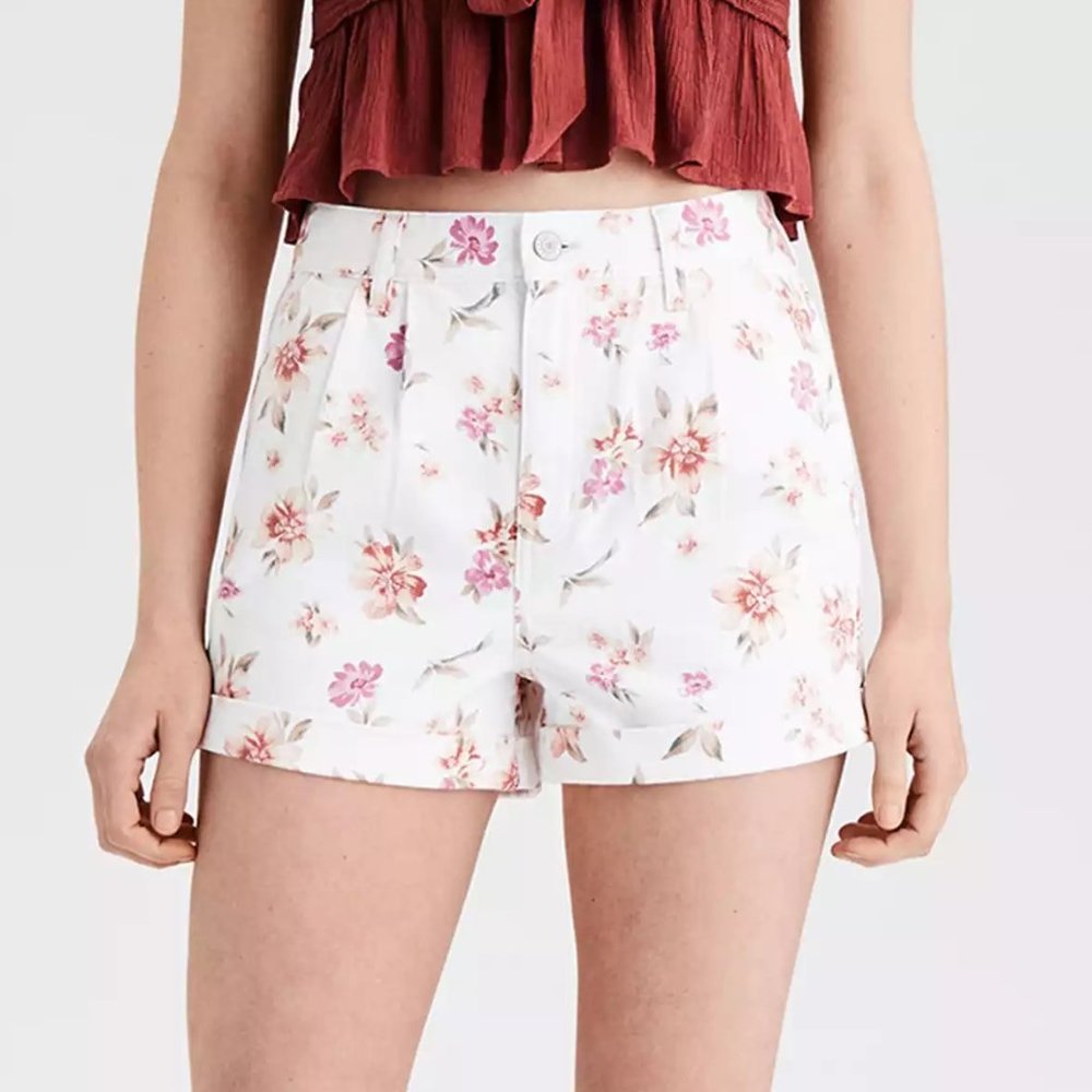 American Eagle Floral Denim Mom Shorts Size 0